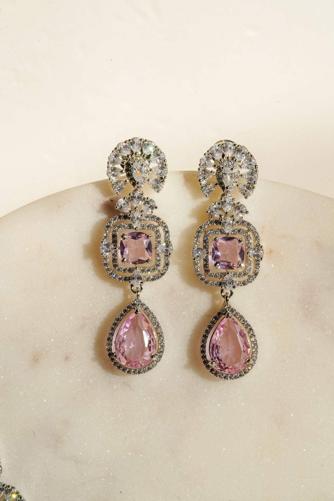 Aneesha Diamante Accent AD Necklace Set - Rhodium-finished with emerald green, maroon, or dusty pink accents, featuring a statement necklace and matching earrings.
