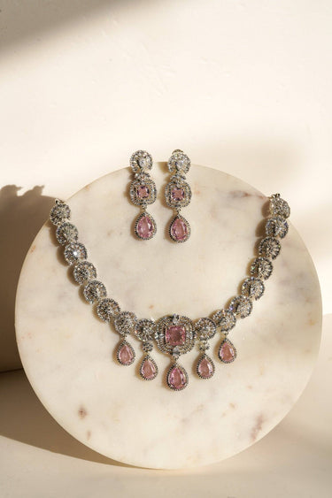 Aneesha Diamante Accent AD Necklace Set - Rhodium-finished with emerald green, maroon, or dusty pink accents, featuring a statement necklace and matching earrings.