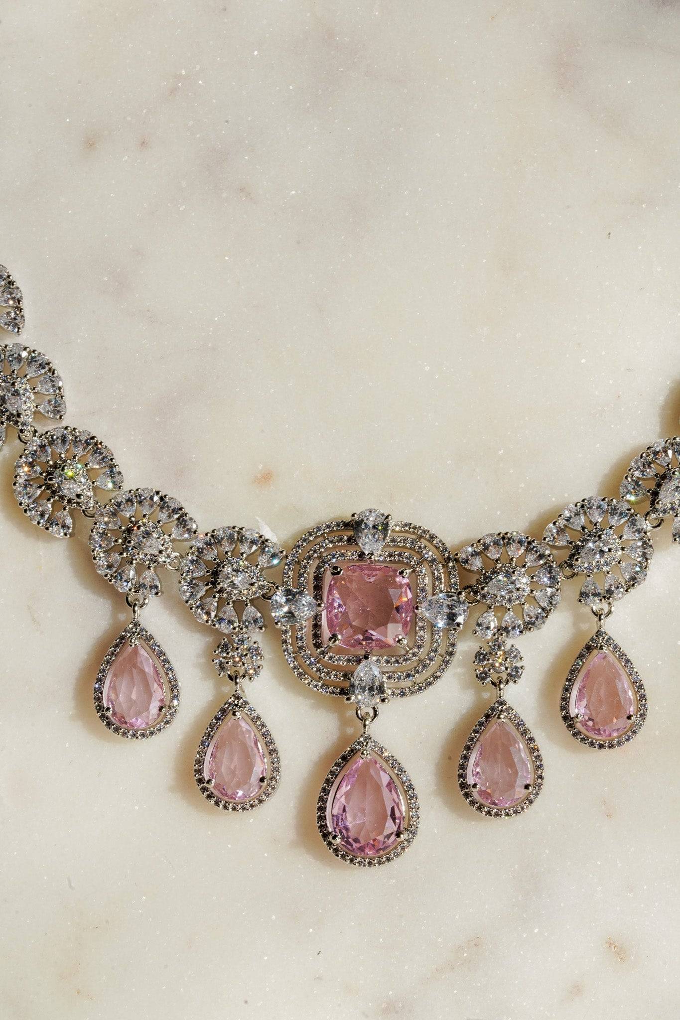 Aneesha Diamante Accent AD Necklace Set - Rhodium-finished with emerald green, maroon, or dusty pink accents, featuring a statement necklace and matching earrings.
