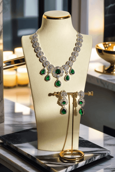 Aneesha Diamante Accent AD Necklace Set - Rhodium-finished with emerald green, maroon, or dusty pink accents, featuring a statement necklace and matching earrings.