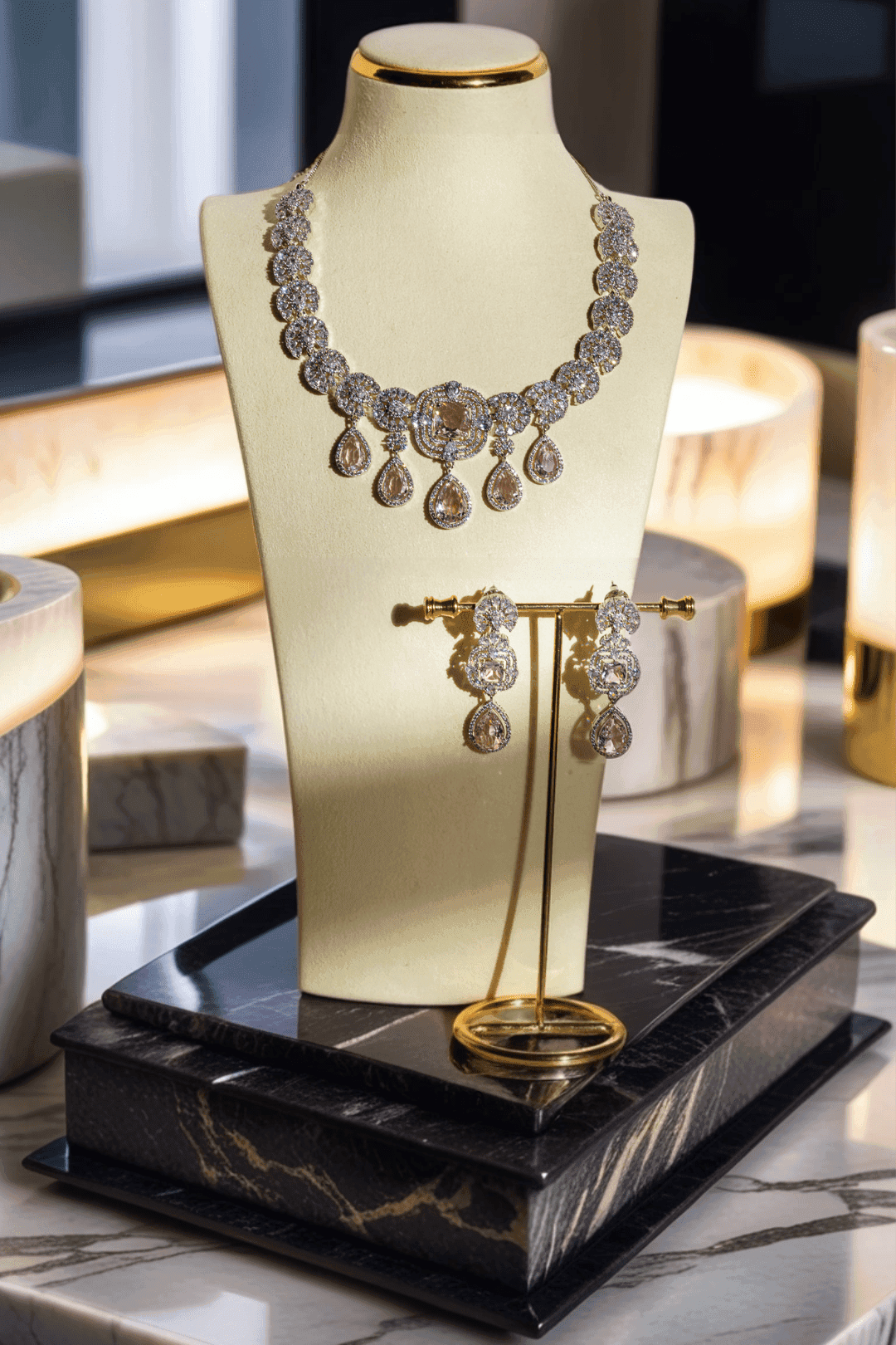 Aneesha Diamante Accent AD Necklace Set - Rhodium-finished with emerald green, maroon, or dusty pink accents, featuring a statement necklace and matching earrings.