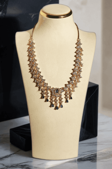 Anne Diamante Accent AD Necklace Set - Rose gold plated with cascading design, featuring diamante accent AD stones and matching dainty earrings, available in rose gold & white, rose gold & pink, rose gold & green, rose gold & sapphire blue, and rose gold & maroon.