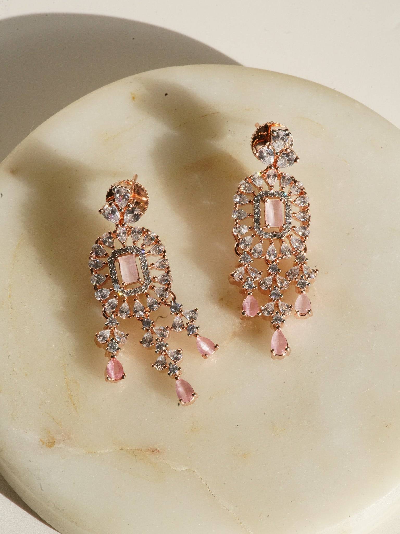 Anne Diamante Accent AD Necklace Set - Rose gold plated with cascading design, featuring diamante accent AD stones and matching dainty earrings, available in rose gold & white, rose gold & pink, rose gold & green, rose gold & sapphire blue, and rose gold & maroon.