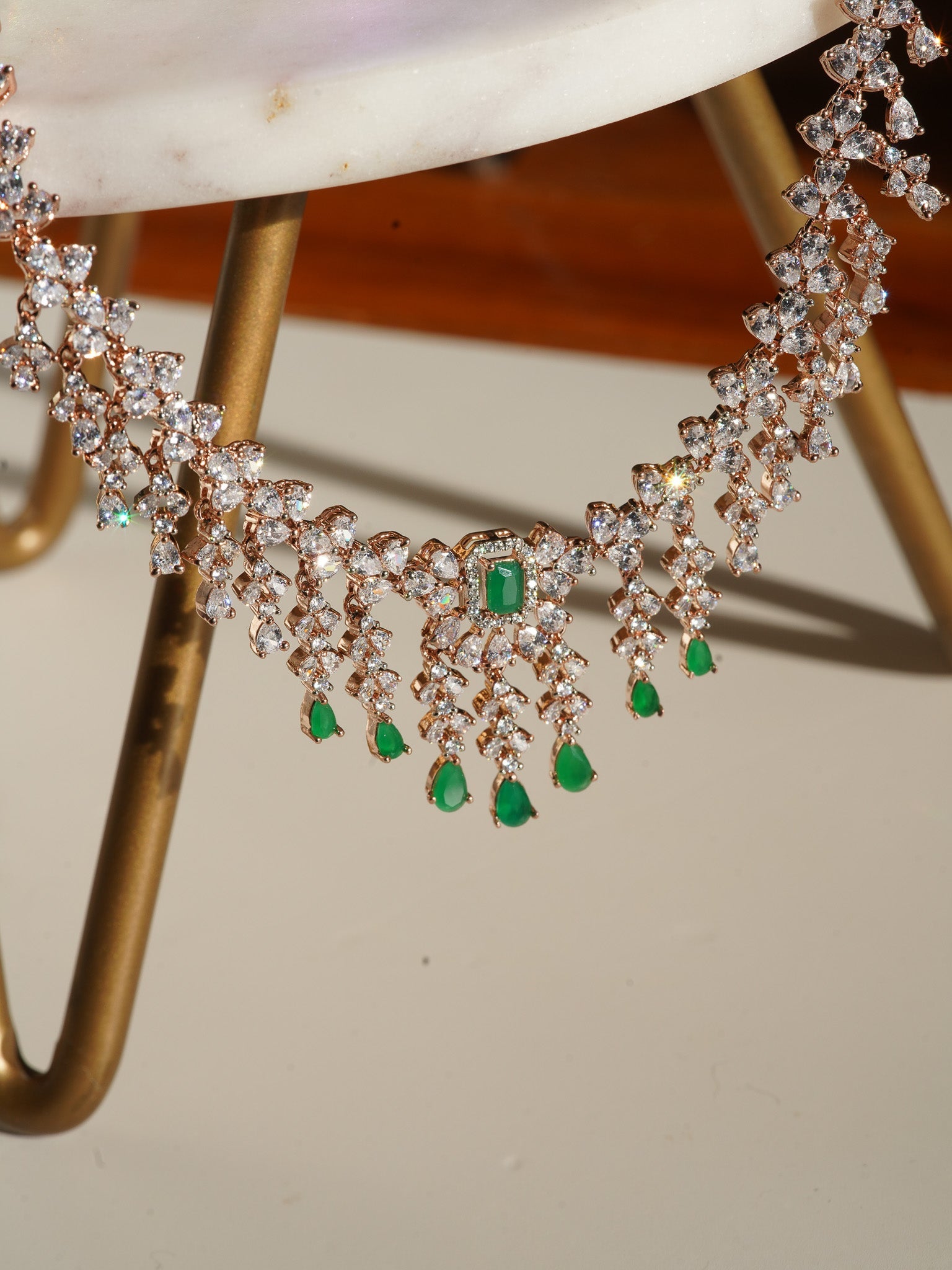 Anne Diamante Accent AD Necklace Set - Rose gold plated with cascading design, featuring diamante accent AD stones and matching dainty earrings, available in rose gold & white, rose gold & pink, rose gold & green, rose gold & sapphire blue, and rose gold & maroon.