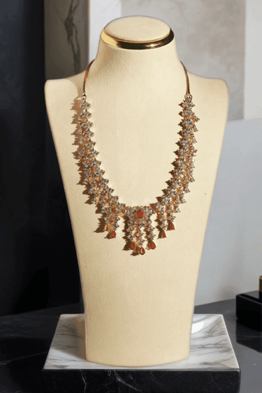 Anne Diamante Accent AD Necklace Set - Rose gold plated with cascading design, featuring diamante accent AD stones and matching dainty earrings, available in rose gold & white, rose gold & pink, rose gold & green, rose gold & sapphire blue, and rose gold & maroon.