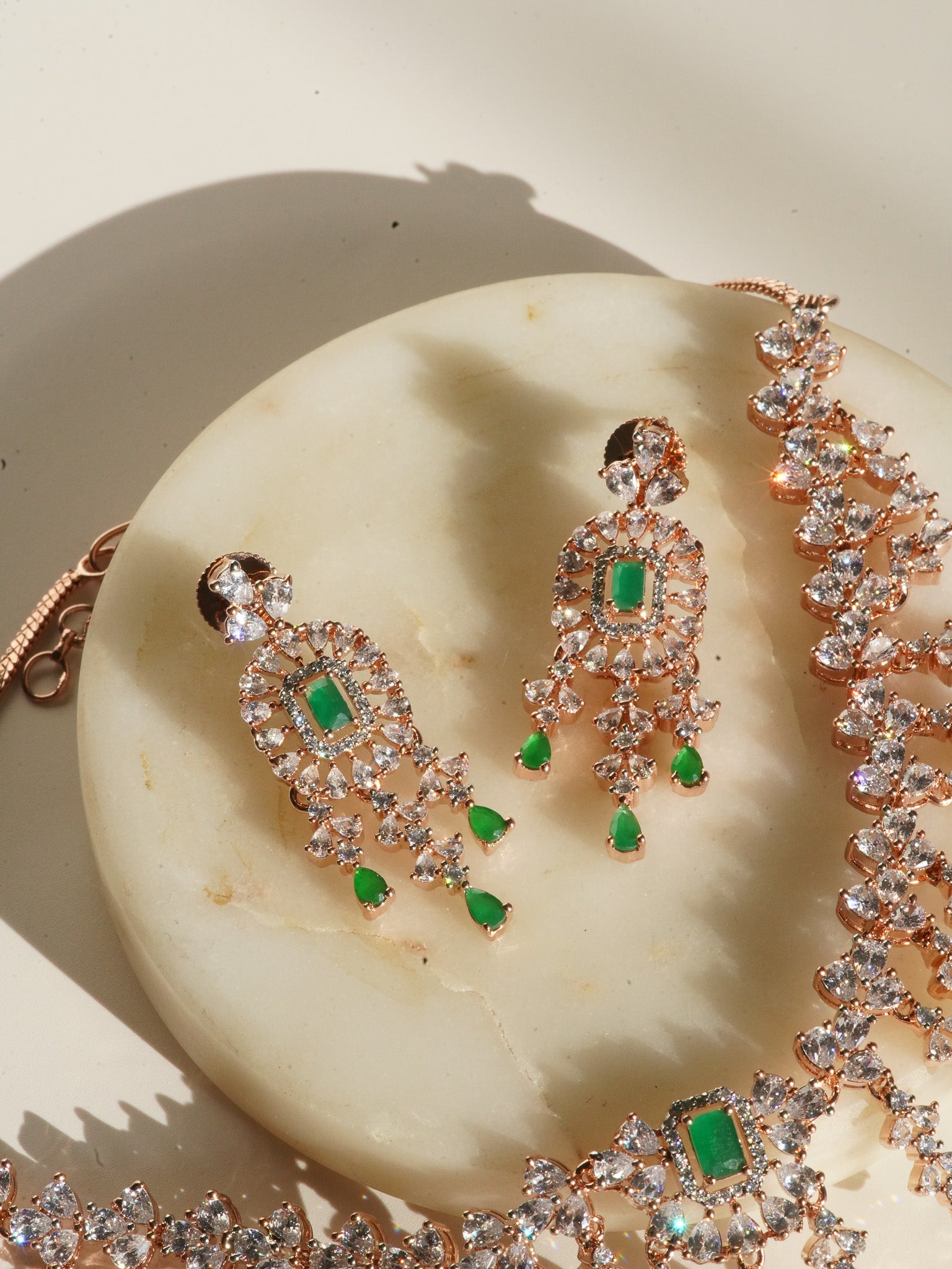 Anne Diamante Accent AD Necklace Set - Rose gold plated with cascading design, featuring diamante accent AD stones and matching dainty earrings, available in rose gold & white, rose gold & pink, rose gold & green, rose gold & sapphire blue, and rose gold & maroon.