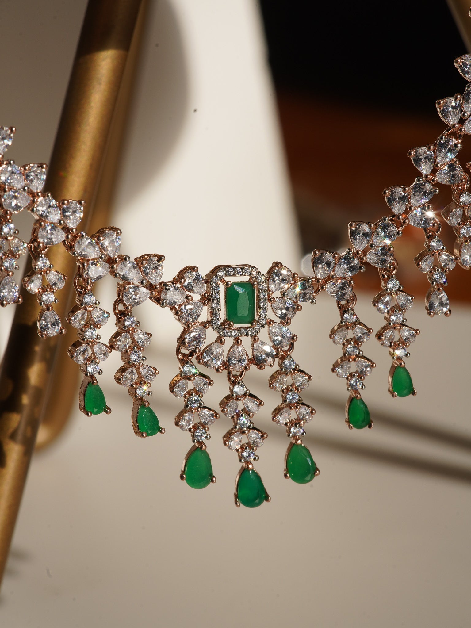 Anne Diamante Accent AD Necklace Set - Rose gold plated with cascading design, featuring diamante accent AD stones and matching dainty earrings, available in rose gold & white, rose gold & pink, rose gold & green, rose gold & sapphire blue, and rose gold & maroon.