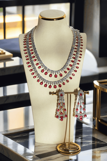 Arni Long Double Layer Diamanté AD Necklace Set - Rhodium-plated silver finish with intricate detailing, available in five colors, includes matching statement earrings.