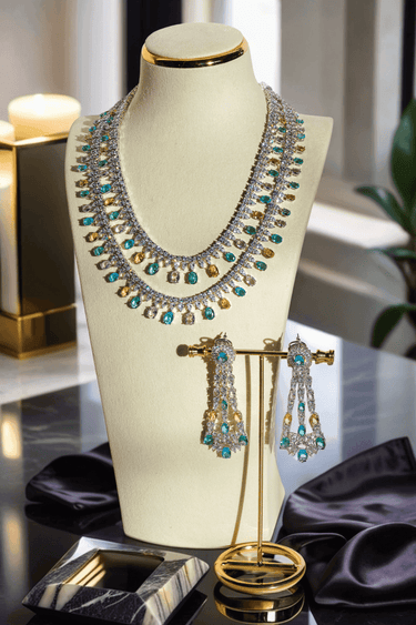 Arni Long Double Layer Diamanté AD Necklace Set - Rhodium-plated silver finish with intricate detailing, available in five colors, includes matching statement earrings.