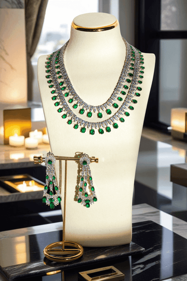 Arni Long Double Layer Diamanté AD Necklace Set - Rhodium-plated silver finish with intricate detailing, available in five colors, includes matching statement earrings.