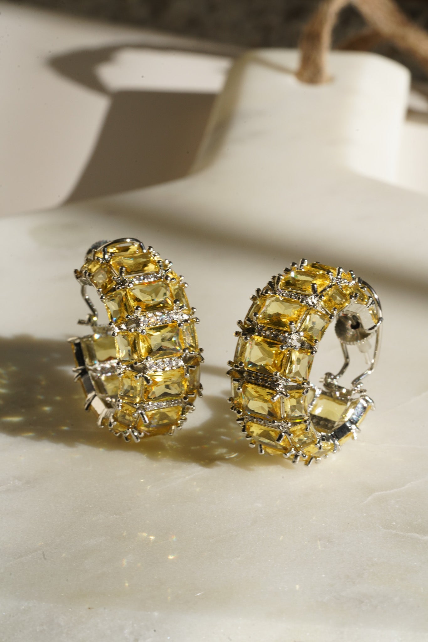 Azure Chunky AD Huggie Hoops - Rhodium-plated with Diamante accents, available in silver, yellow, teal, aqua, and light pink, featuring extra support backing.