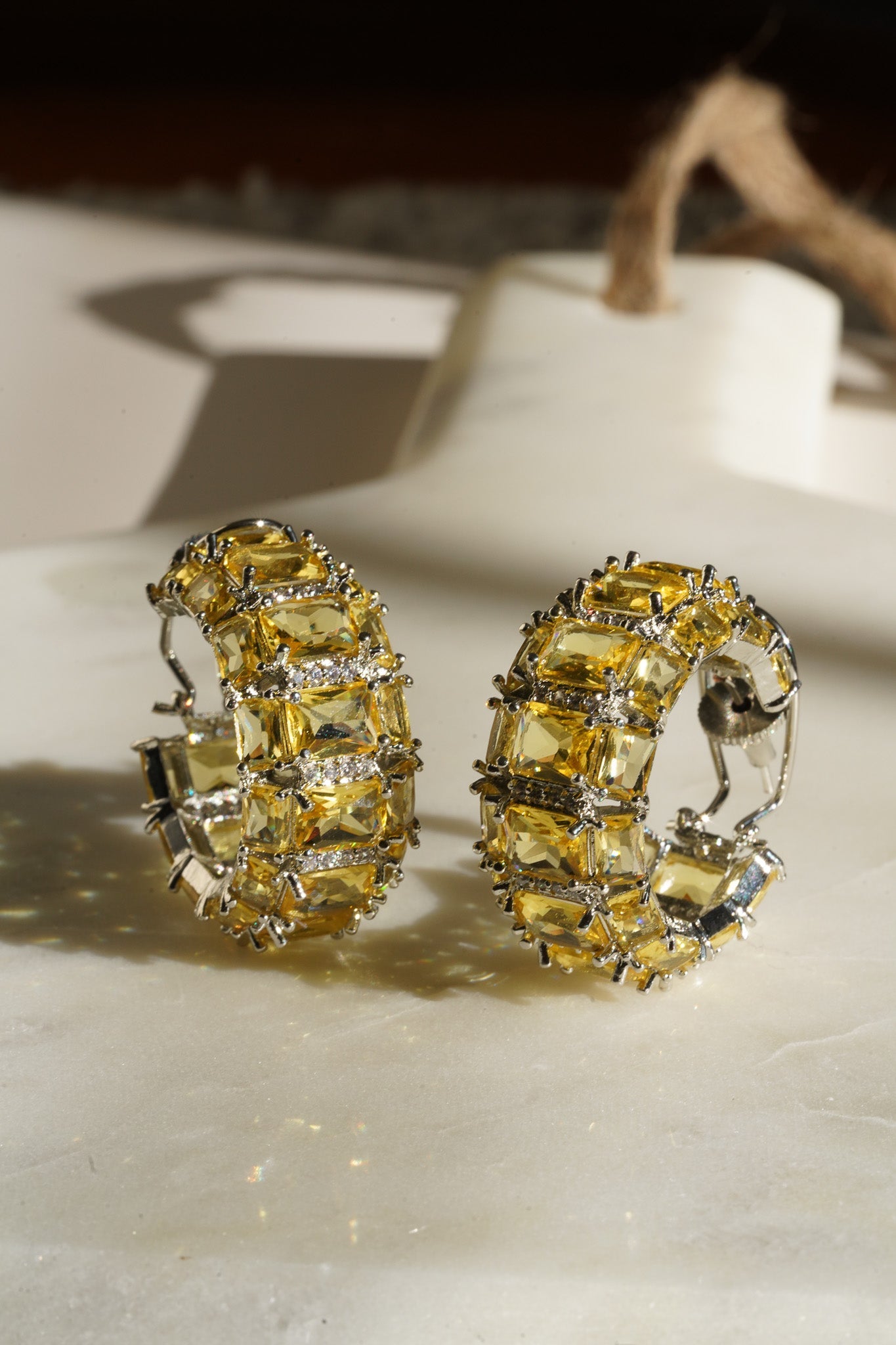 Azure Chunky AD Huggie Hoops - Rhodium-plated with Diamante accents, available in silver, yellow, teal, aqua, and light pink, featuring extra support backing.