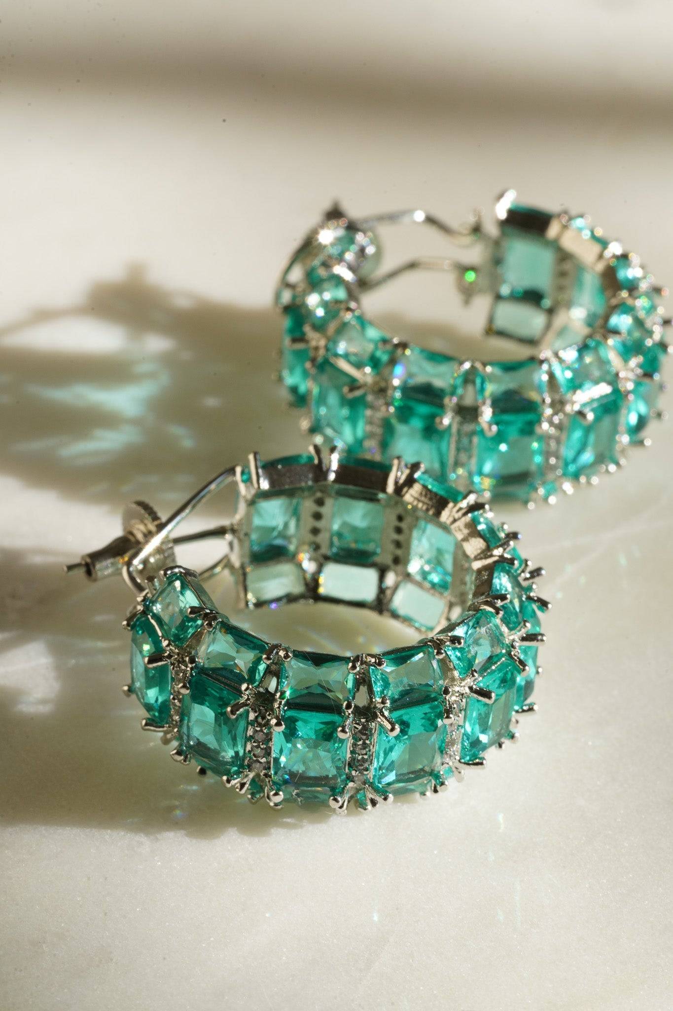 Azure Chunky AD Huggie Hoops - Rhodium-plated with Diamante accents, available in silver, yellow, teal, aqua, and light pink, featuring extra support backing.