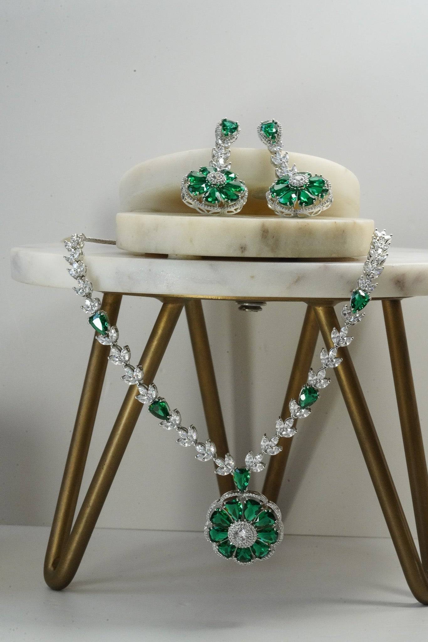 Chahat - Floral AD Necklace Set - Inaury - Silver & Emerald Green - - AD - AD Necklace - All