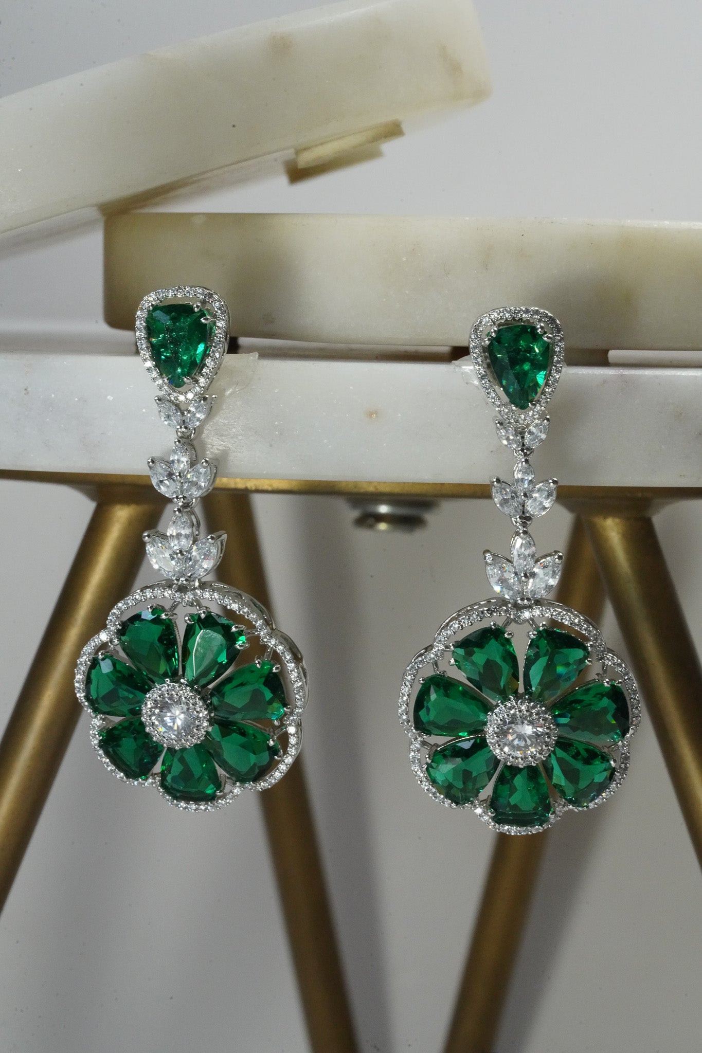 Chahat - Floral AD Necklace Set - Inaury - Silver & Emerald Green - - AD - AD Necklace - All