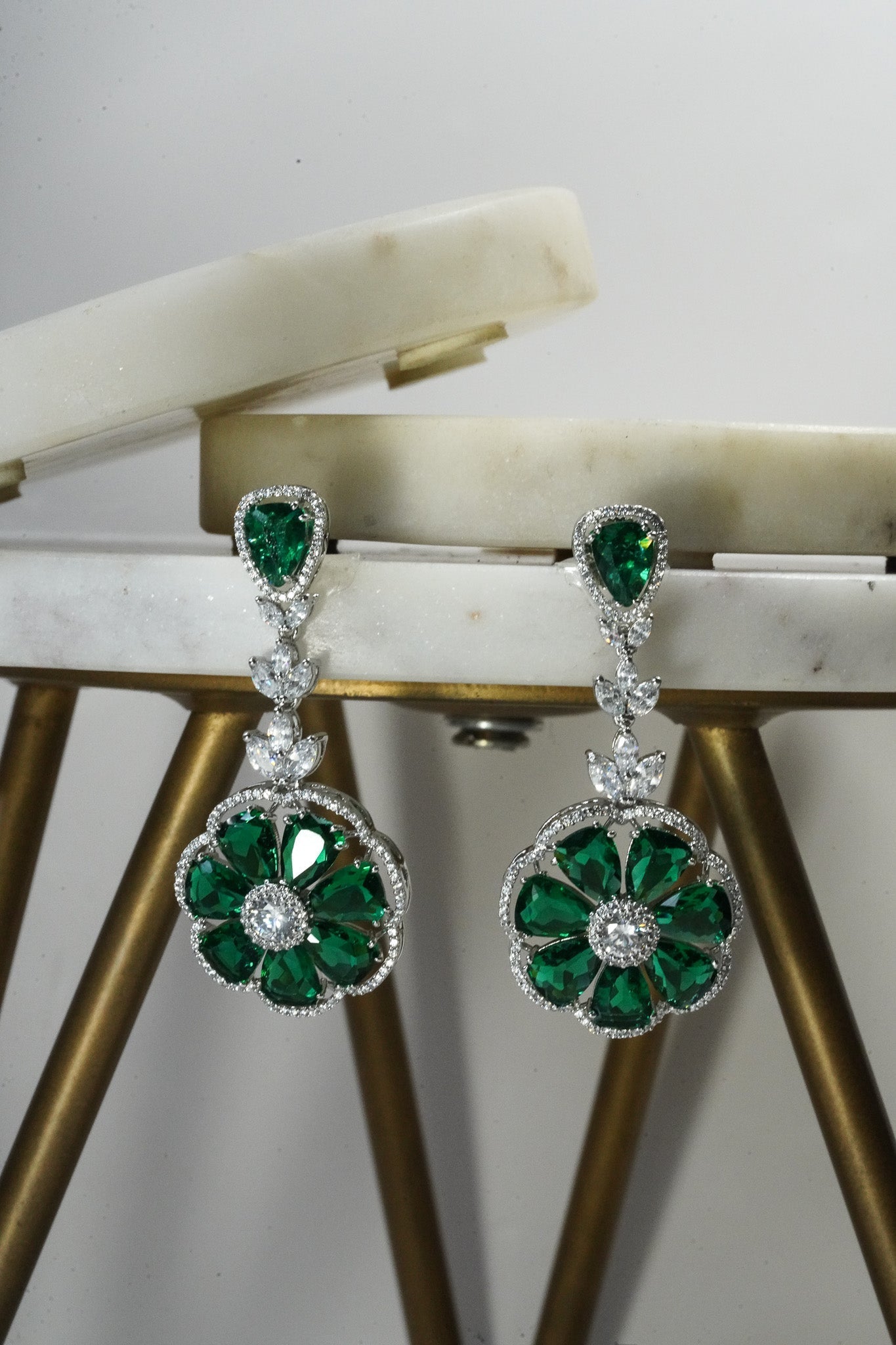 Chahat - Floral AD Necklace Set - Inaury - Silver & Emerald Green - - AD - AD Necklace - All