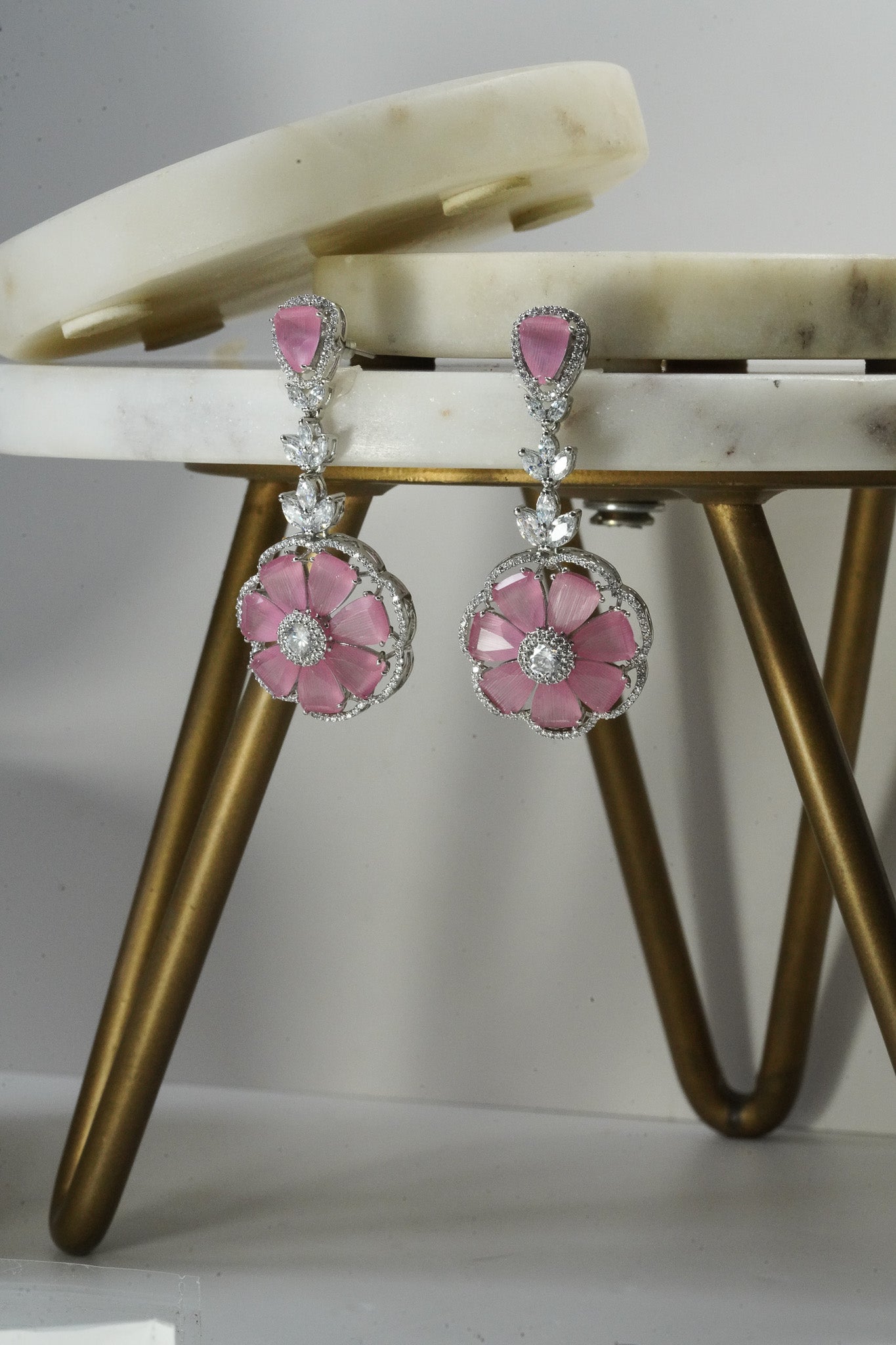 Chahat - Floral AD Necklace Set - Inaury - Silver & Pink - - AD - AD Necklace - All