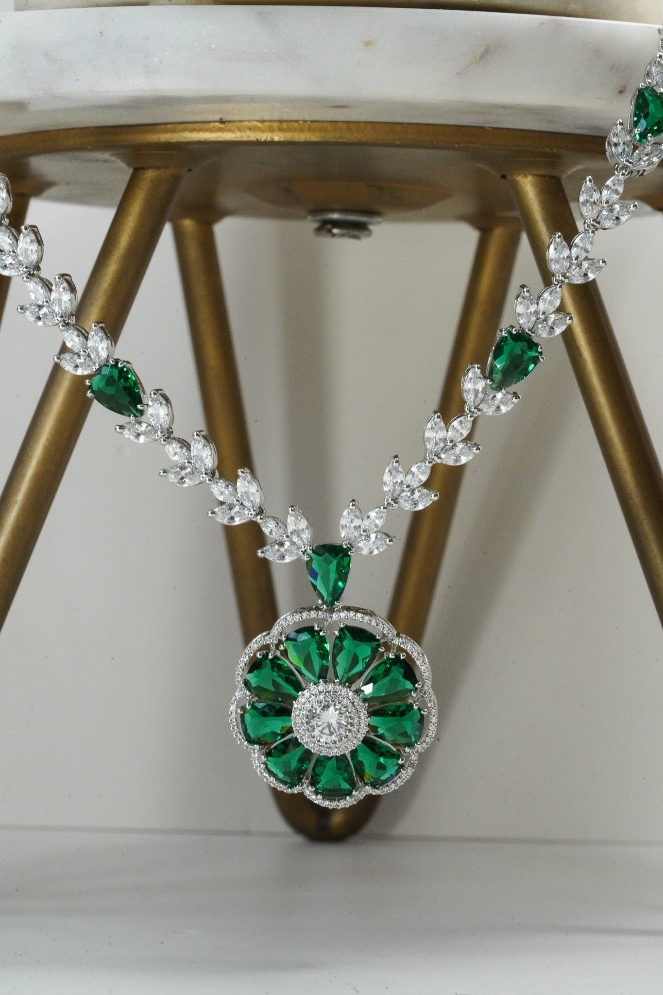 Chahat - Floral AD Necklace Set - Inaury - Silver & Emerald Green - - AD - AD Necklace - All