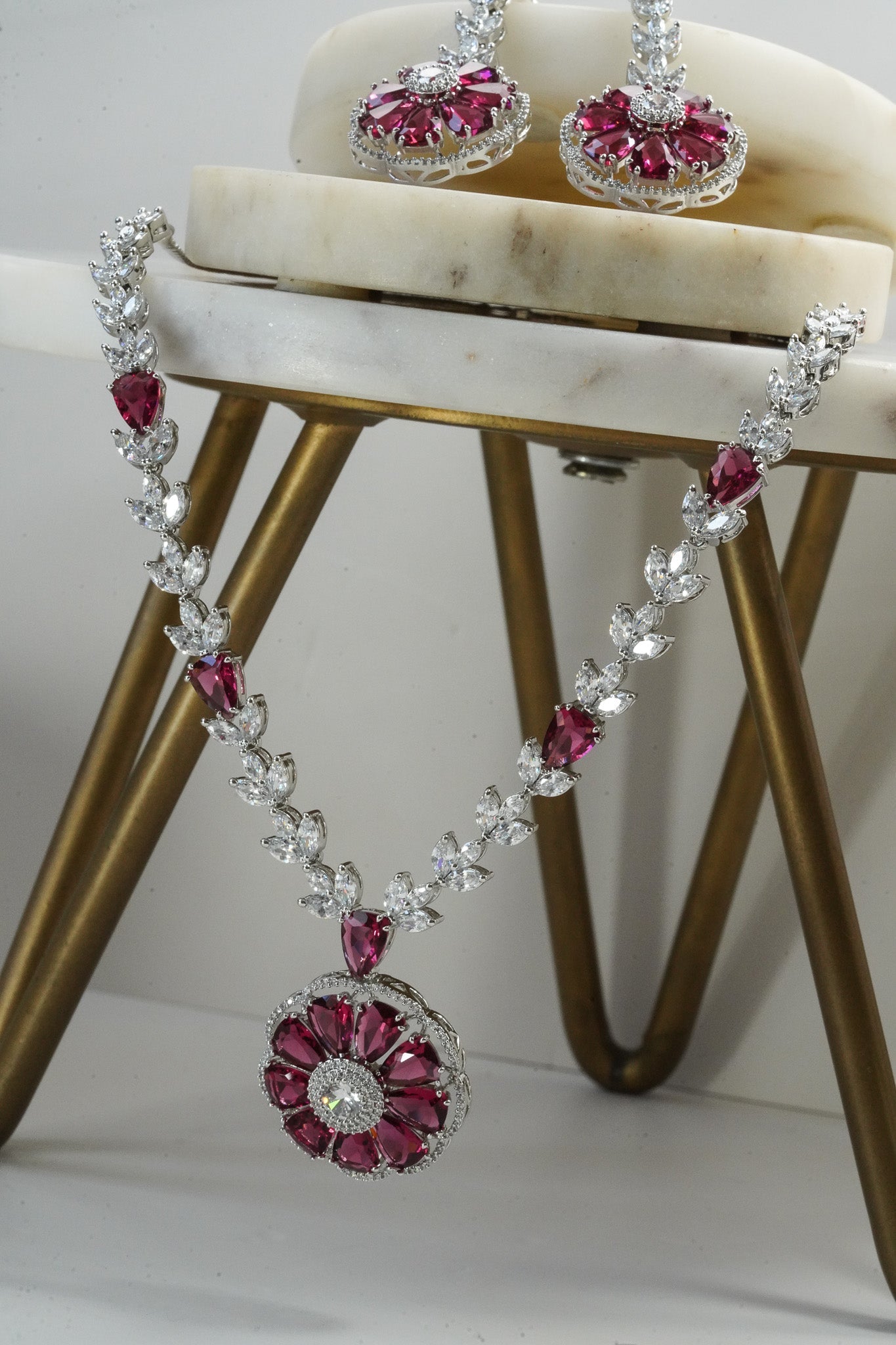 Chahat - Floral AD Necklace Set - Inaury - Silver & Ruby Red - - AD - AD Necklace - All