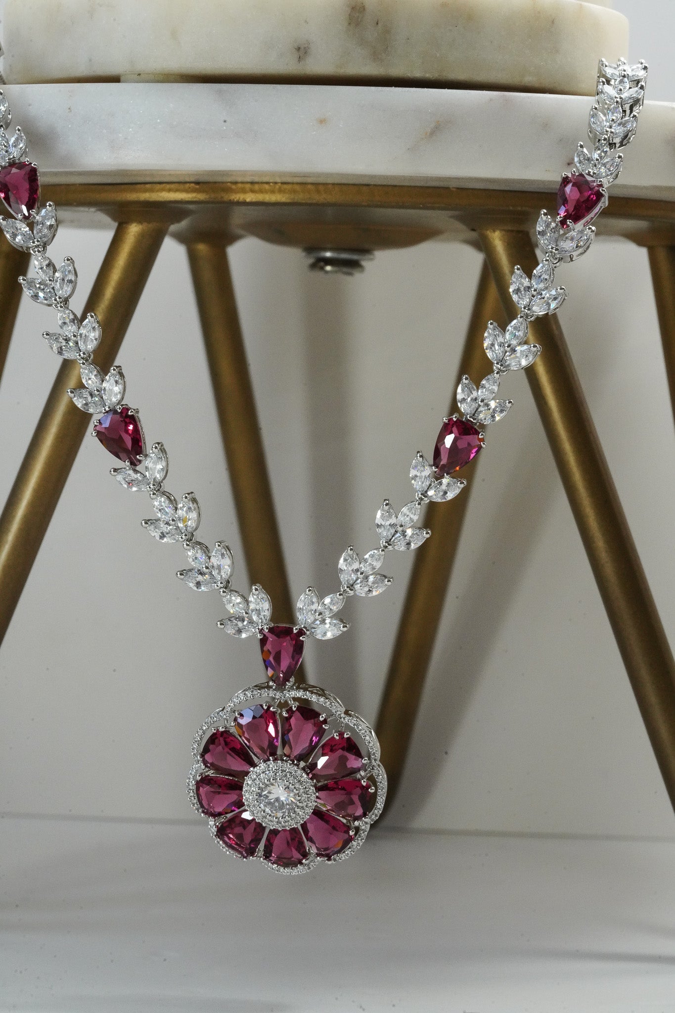 Chahat - Floral AD Necklace Set - Inaury - Silver & Ruby Red - - AD - AD Necklace - All