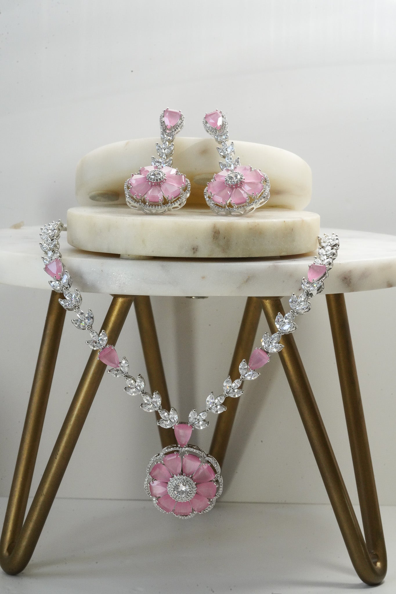 Chahat - Floral AD Necklace Set - Inaury - Silver & Pink - - AD - AD Necklace - All
