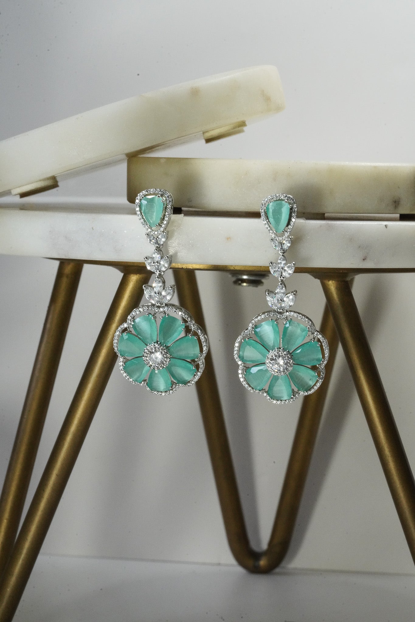 Chahat - Floral AD Necklace Set - Inaury - Silver & Mint Green - - AD - AD Necklace - All