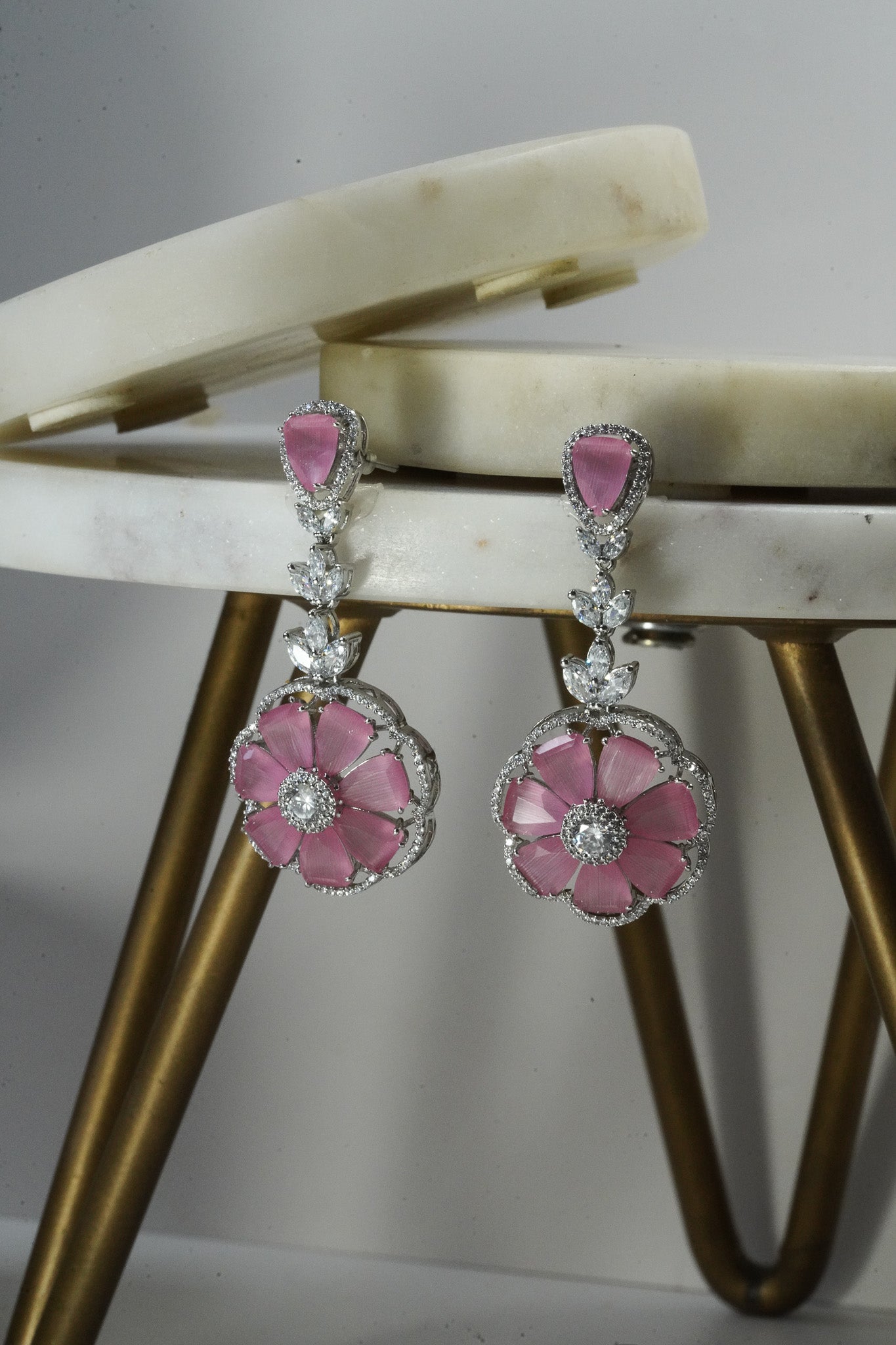 Chahat - Floral AD Necklace Set - Inaury - Silver & Pink - - AD - AD Necklace - All