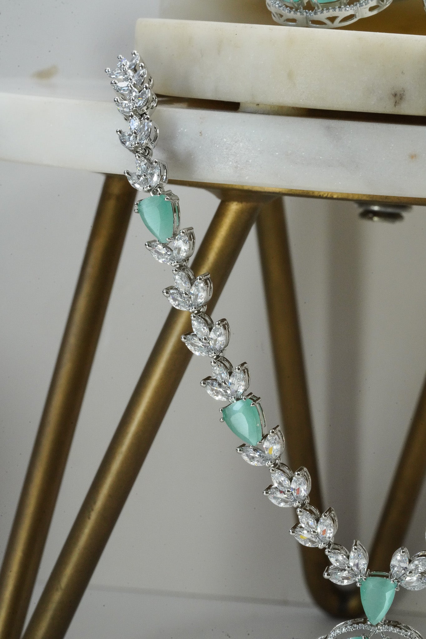 Chahat - Floral AD Necklace Set - Inaury - Silver & Mint Green - - AD - AD Necklace - All