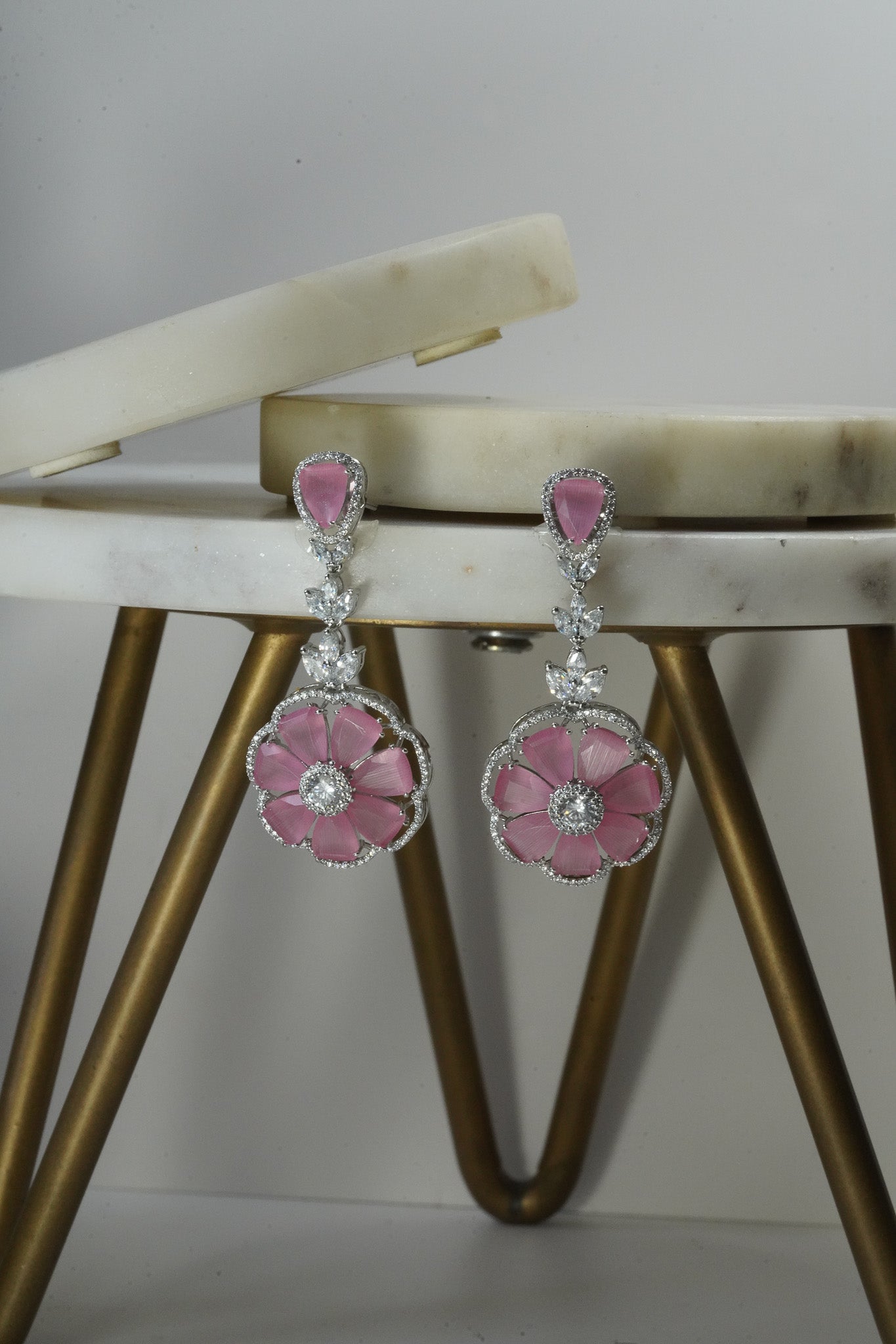 Chahat - Floral AD Necklace Set - Inaury - Silver & Pink - - AD - AD Necklace - All