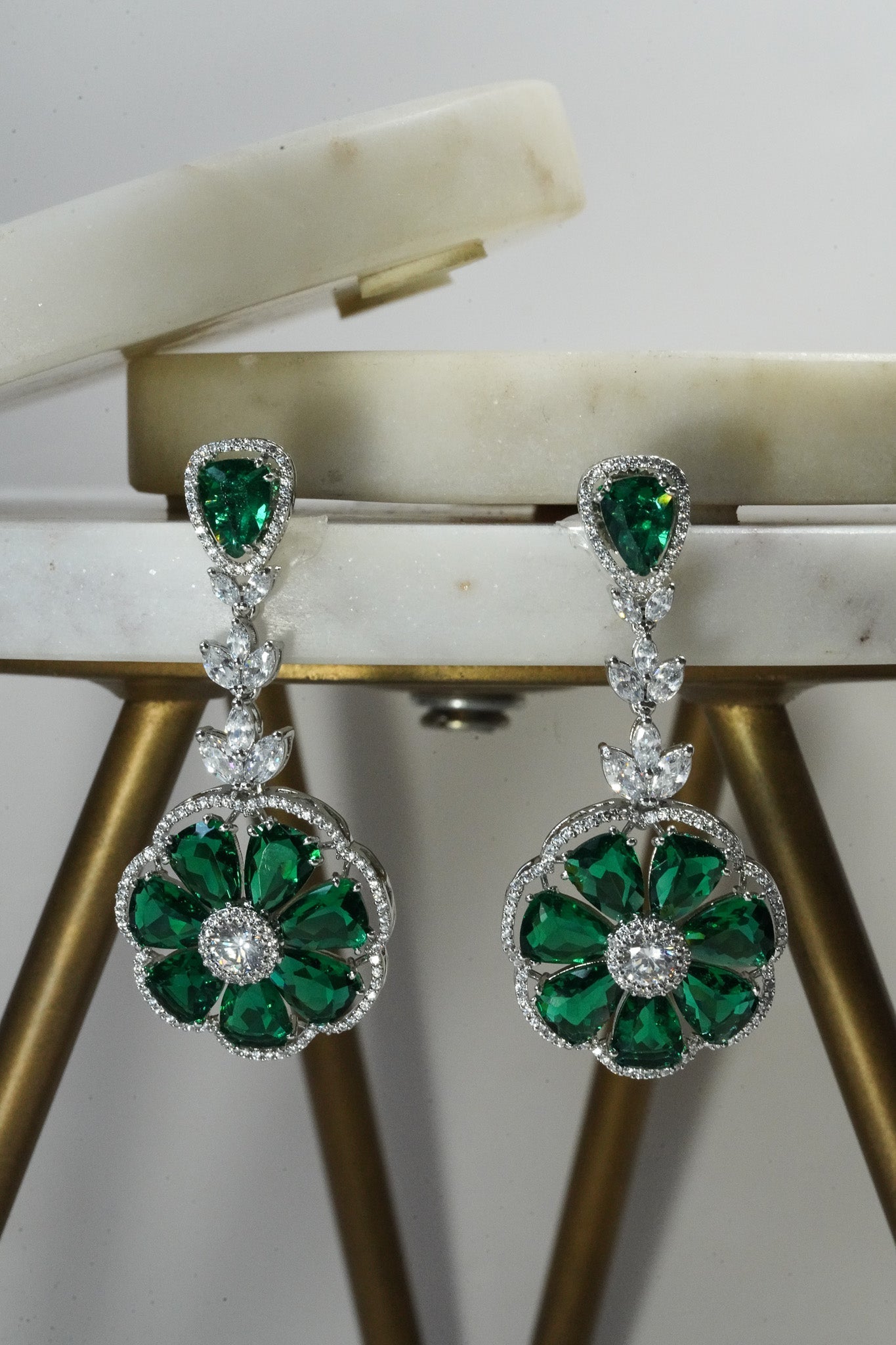 Chahat - Floral AD Necklace Set - Inaury - Silver & Emerald Green - - AD - AD Necklace - All