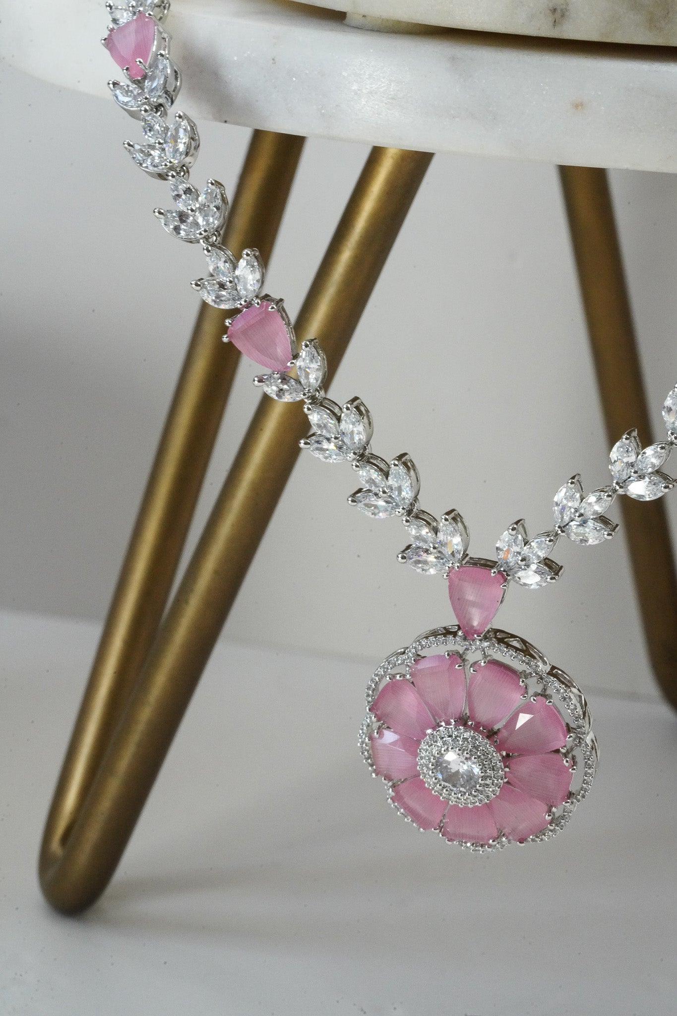 Chahat - Floral AD Necklace Set - Inaury - Silver & Pink - - AD - AD Necklace - All