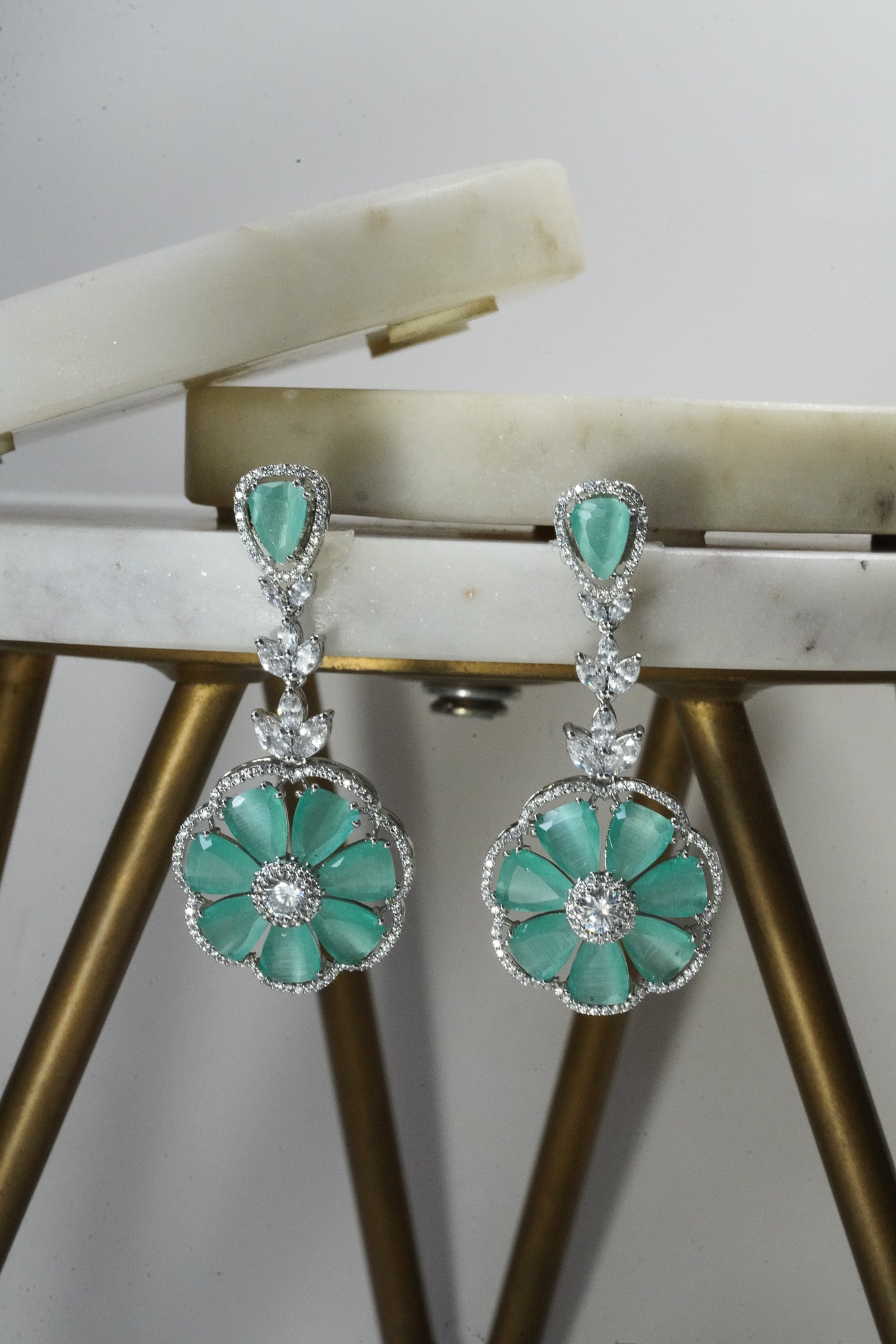 Chahat - Floral AD Necklace Set - Inaury - Silver & Mint Green - - AD - AD Necklace - All