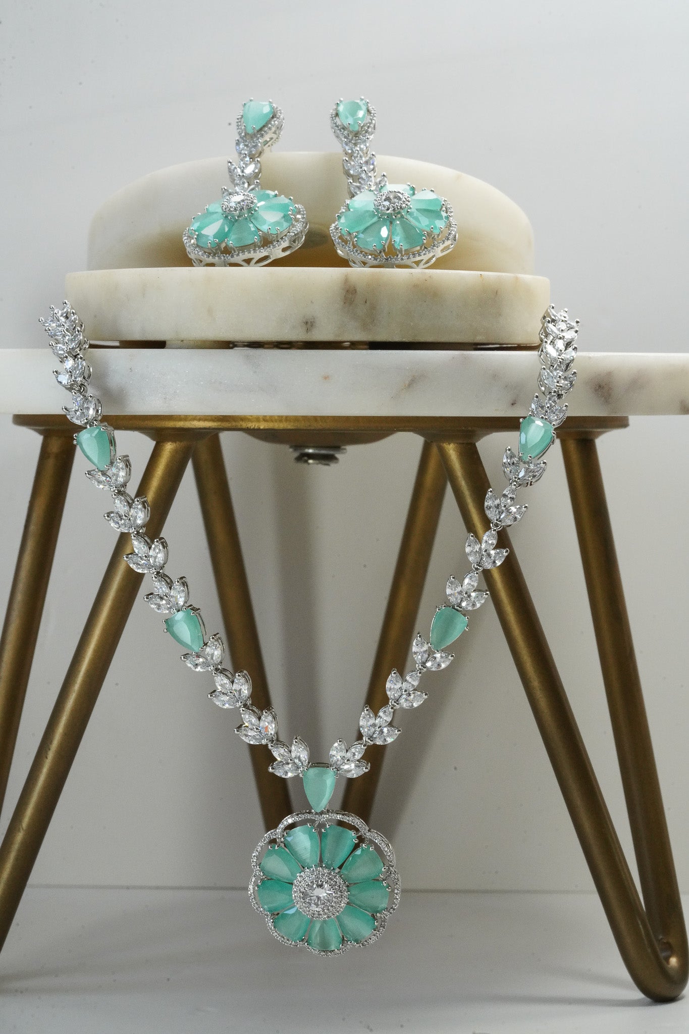 Chahat - Floral AD Necklace Set - Inaury - Silver & Mint Green - - AD - AD Necklace - All