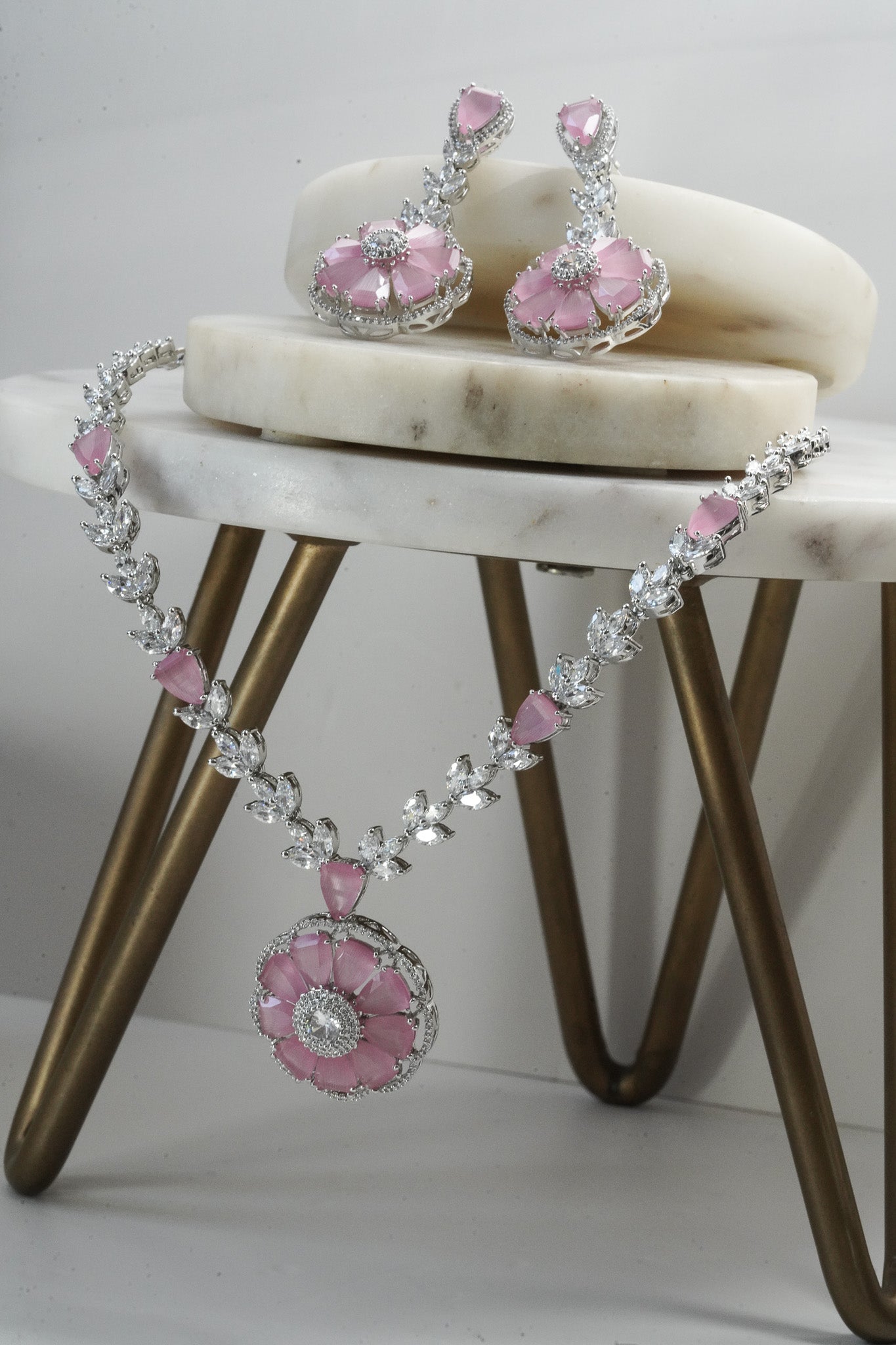 Chahat - Floral AD Necklace Set - Inaury - Silver & Pink - - AD - AD Necklace - All