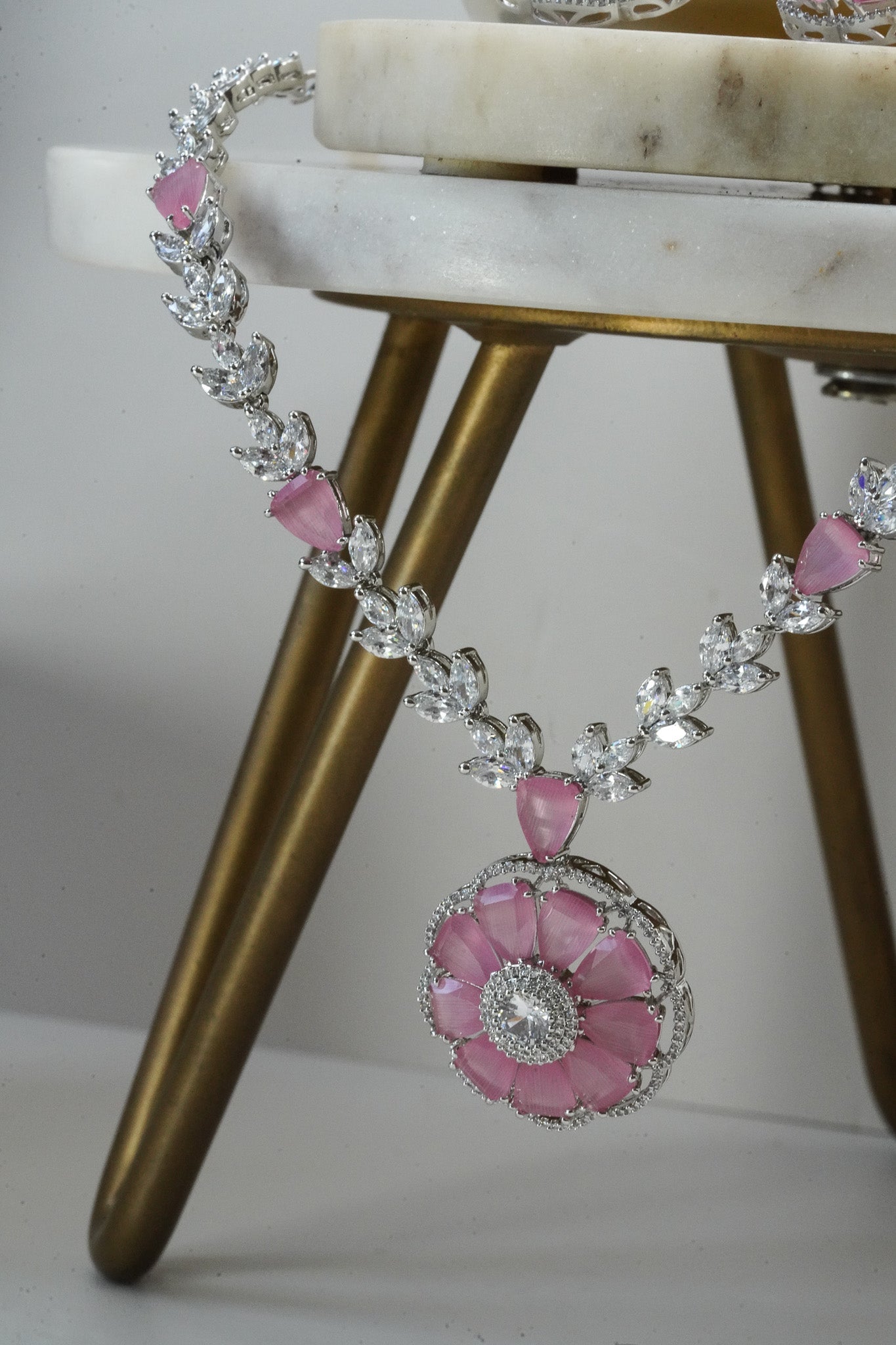 Chahat - Floral AD Necklace Set - Inaury - Silver & Pink - - AD - AD Necklace - All