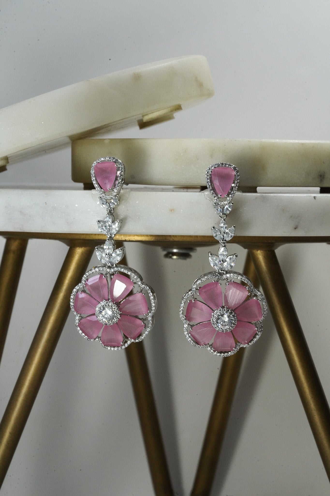 Chahat - Floral AD Necklace Set - Inaury - Silver & Pink - - AD - AD Necklace - All
