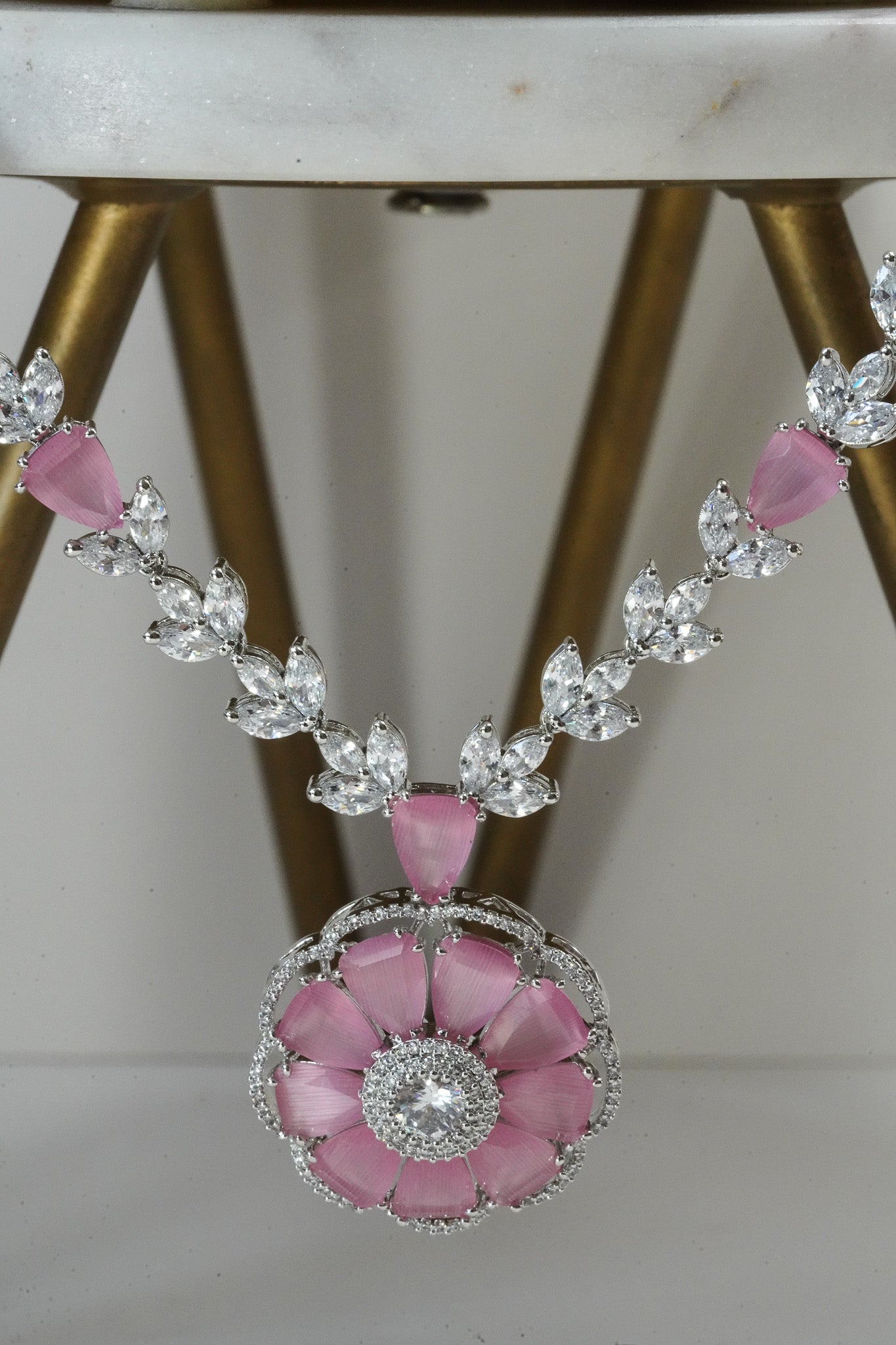 Chahat - Floral AD Necklace Set - Inaury - Silver & Pink - - AD - AD Necklace - All