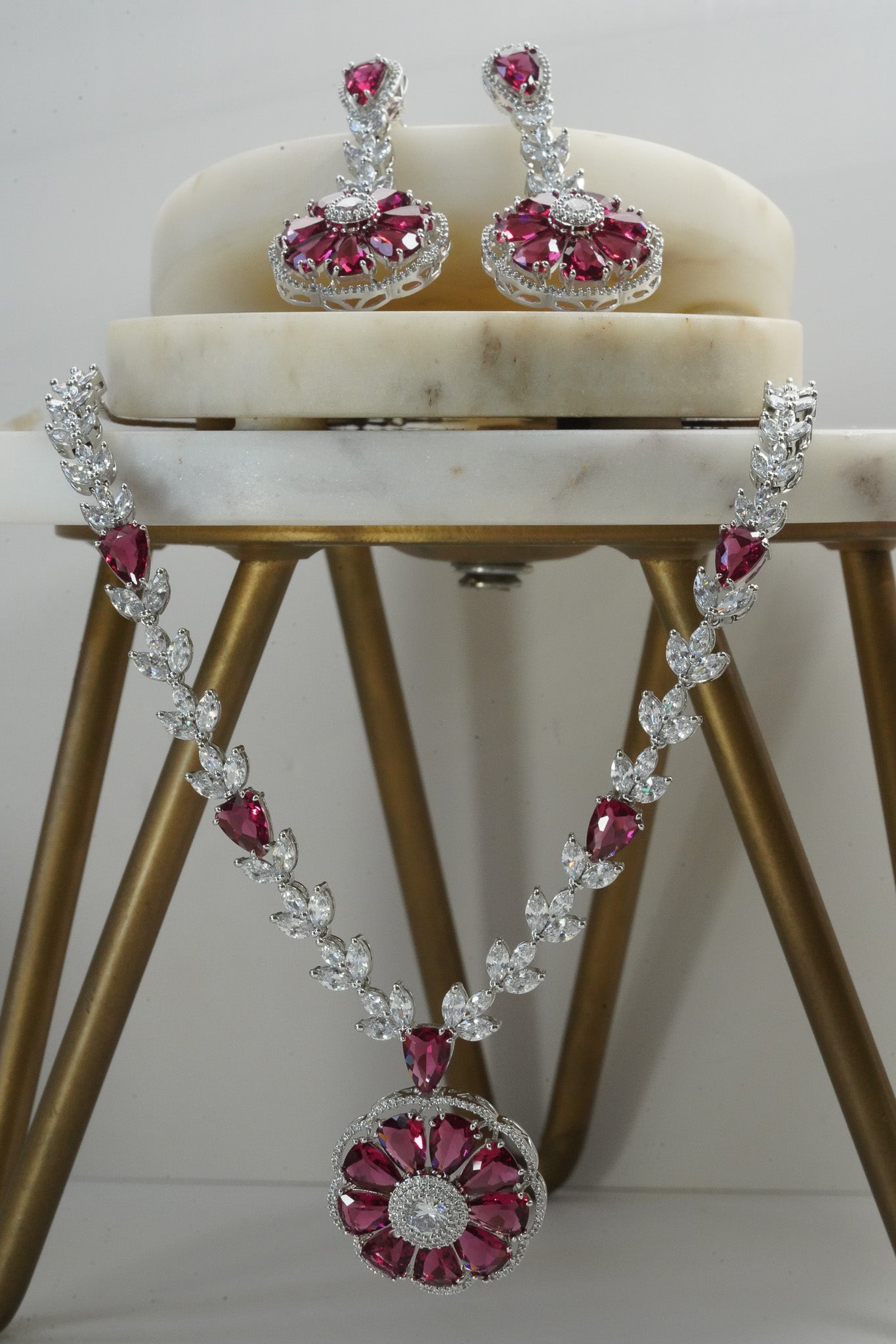 Chahat - Floral AD Necklace Set - Inaury - Silver & Ruby Red - - AD - AD Necklace - All