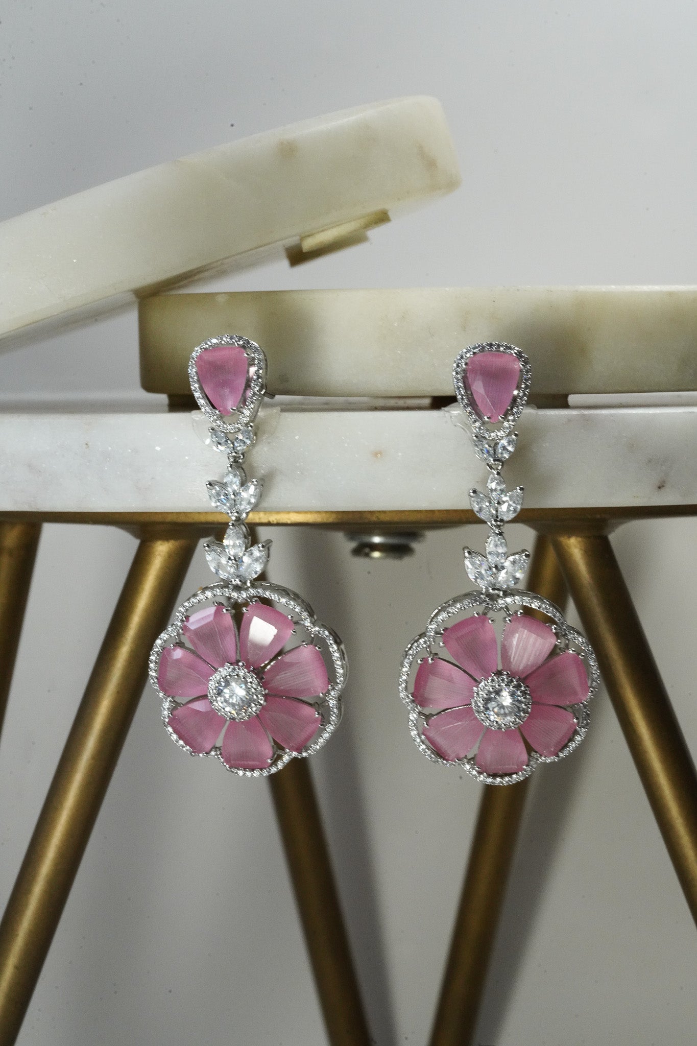 Chahat - Floral AD Necklace Set - Inaury - Silver & Pink - - AD - AD Necklace - All
