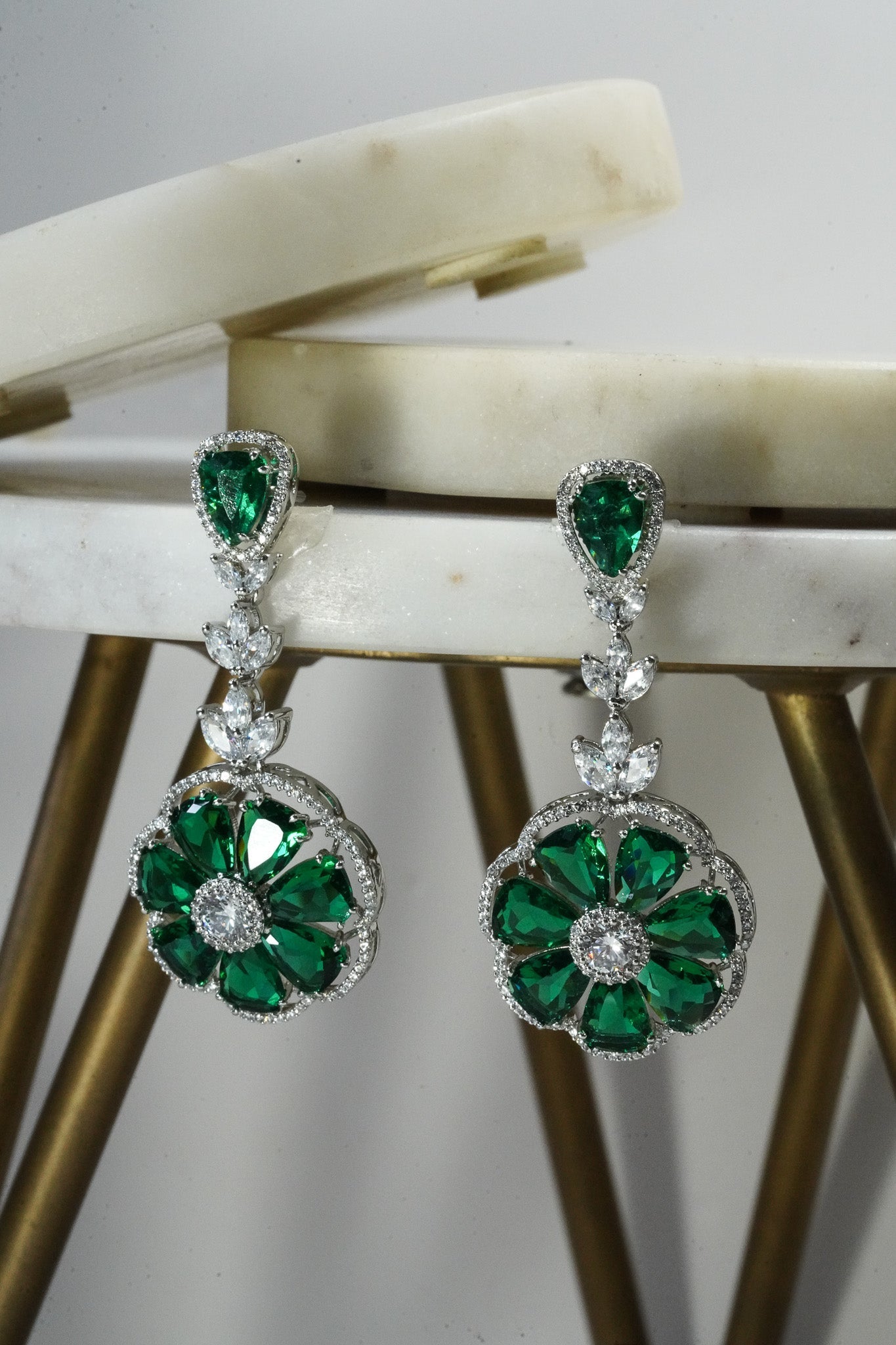 Chahat - Floral AD Necklace Set - Inaury - Silver & Emerald Green - - AD - AD Necklace - All