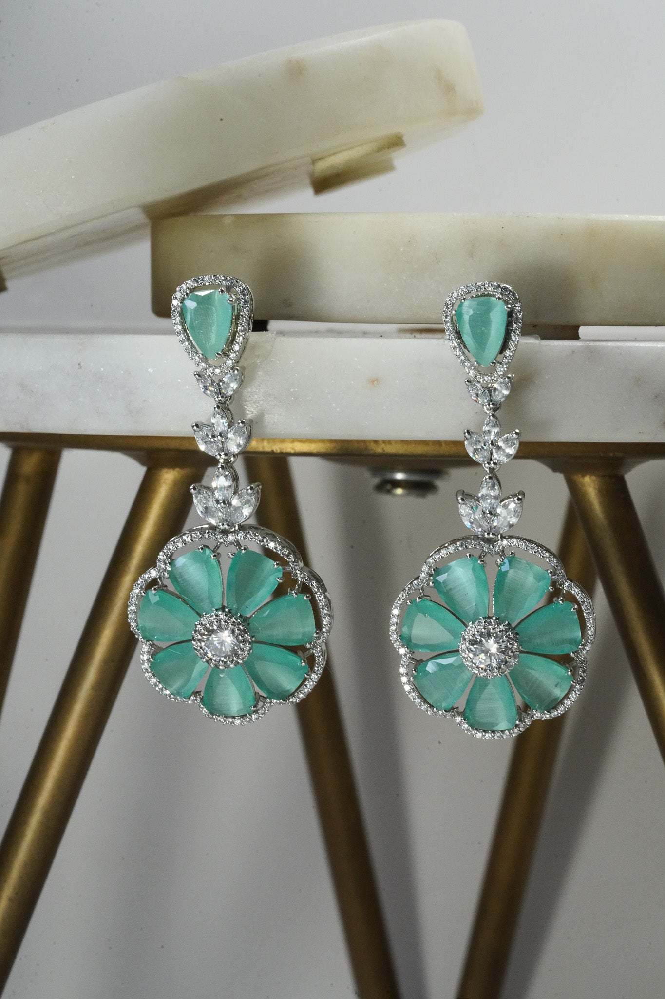 Chahat - Floral AD Necklace Set - Inaury - Silver & Mint Green - - AD - AD Necklace - All