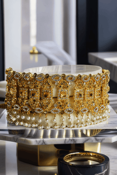 Close-up of Esmeray Gold Choker Necklace with pearl fringe and crystal detailing, highlighting luxury craftsmanship.