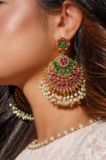 Side profile of model wearing Inaya Earring & Maang Tikka Set - Statement | Chandbali with intricate detailing and pearl fringe.