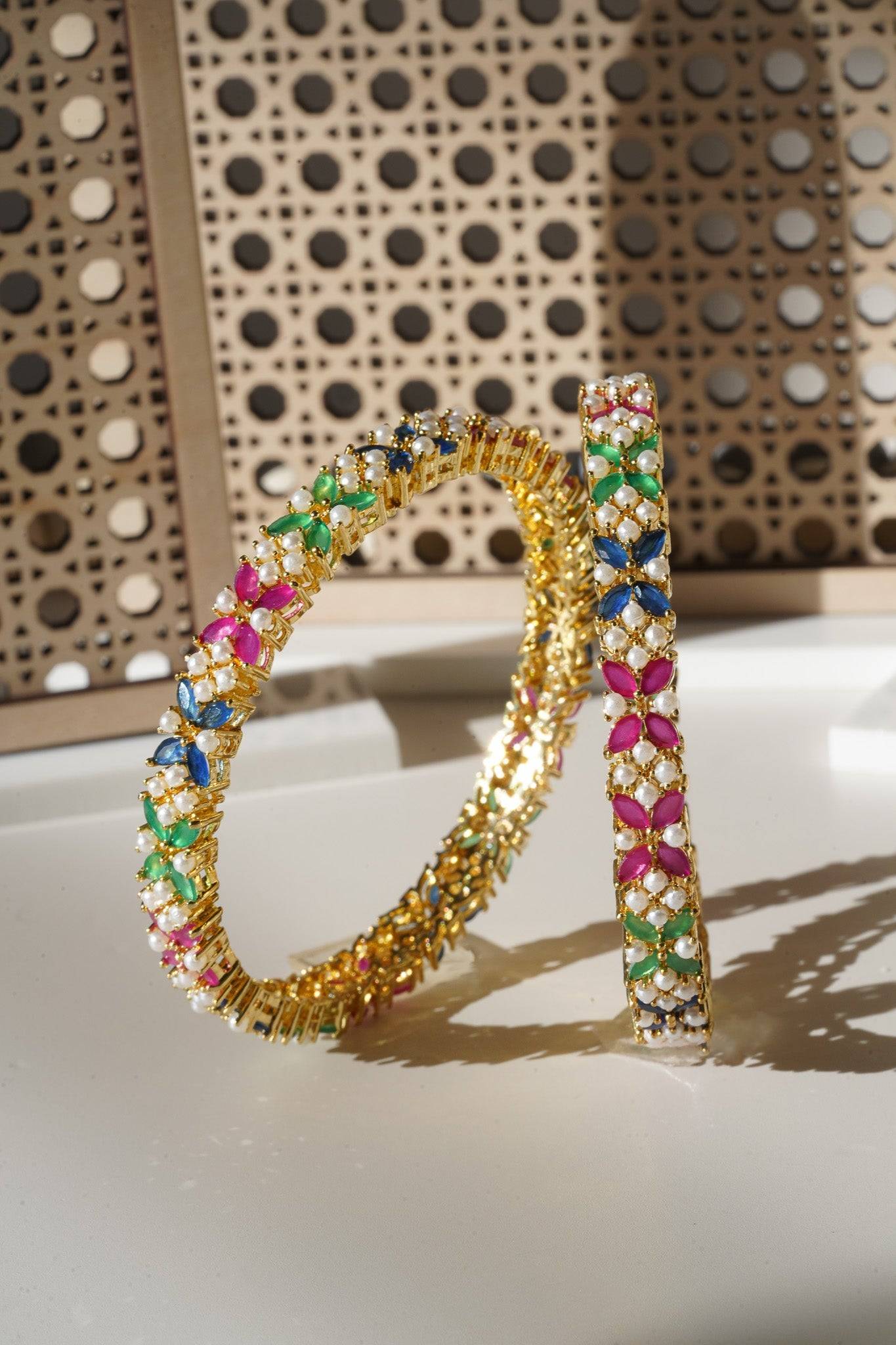 Ipsa - Multicolor AD & Pearl Bangle Set (6 PC.) Bangles from Inaury