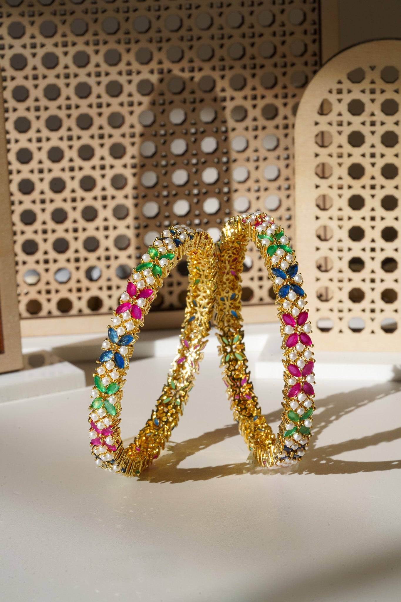 Ipsa - Multicolor AD & Pearl Bangle Set (6 PC.) Bangles from Inaury