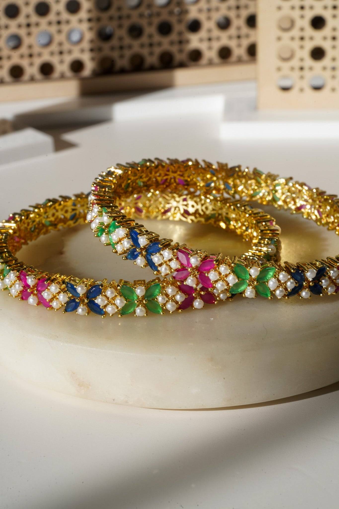 Ipsa - Multicolor AD & Pearl Bangle Set (6 PC.) Bangles from Inaury