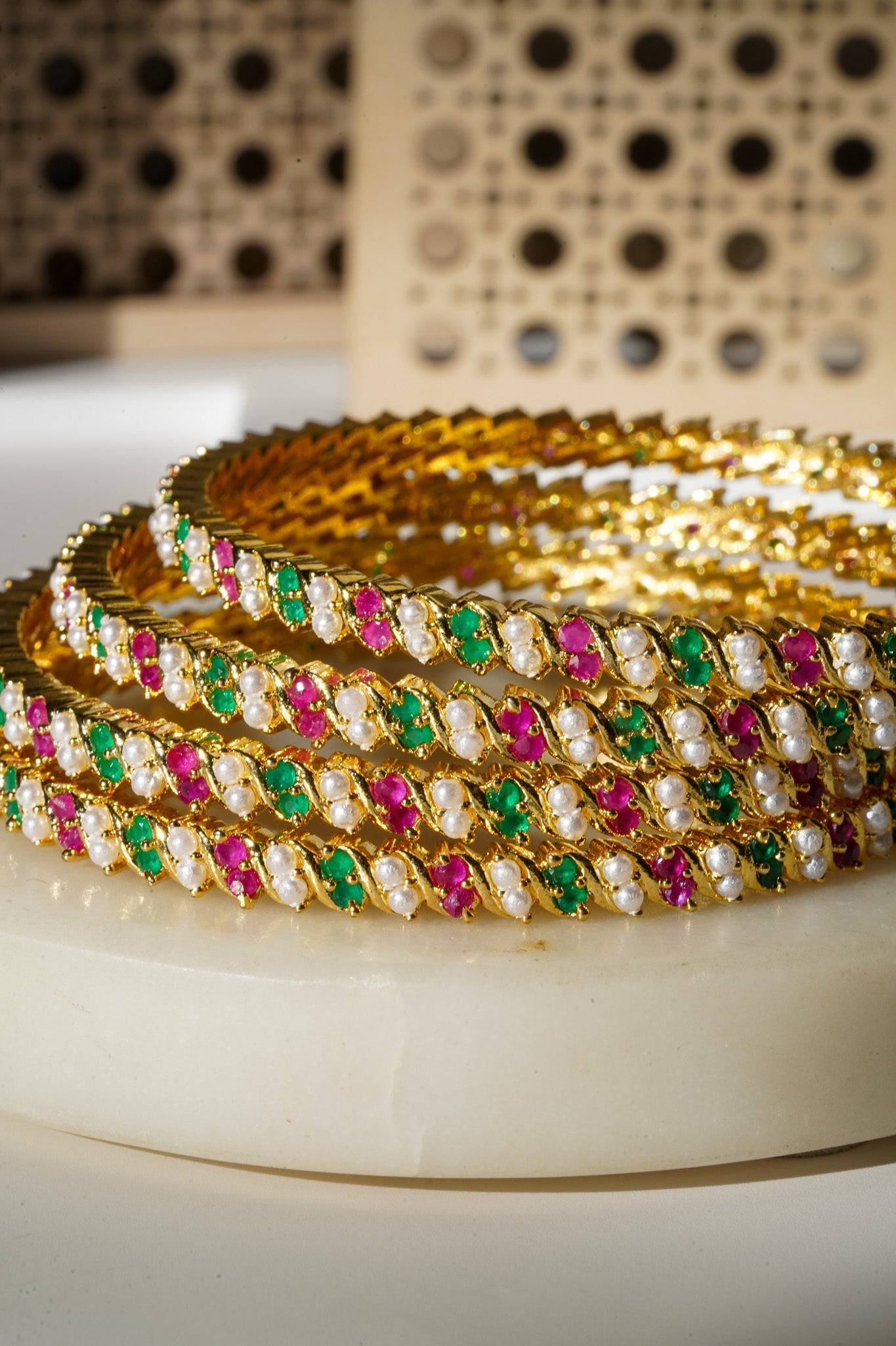 Ipsa - Multicolor AD & Pearl Bangle Set (6 PC.) Bangles from Inaury