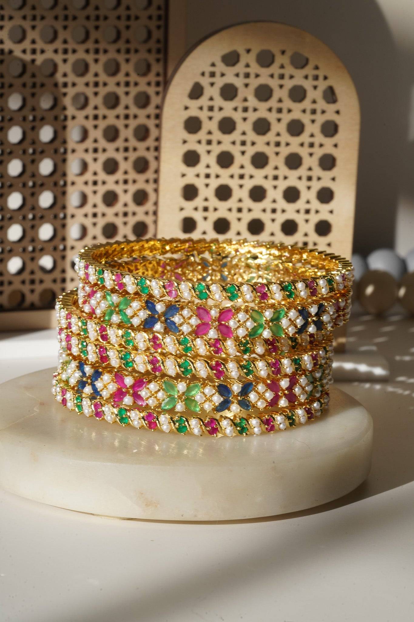 Ipsa - Multicolor AD & Pearl Bangle Set (6 PC.) Bangles from Inaury