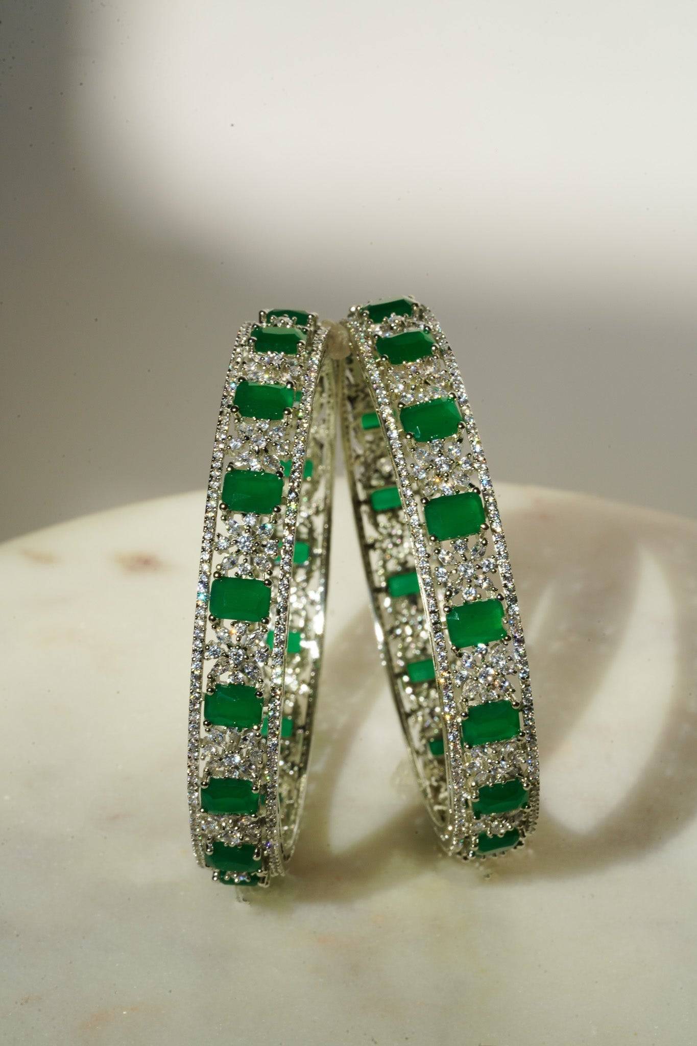 Ishani - Rhodium Plated & Green AD Bangles (Set of 2) Bangles from Inaury