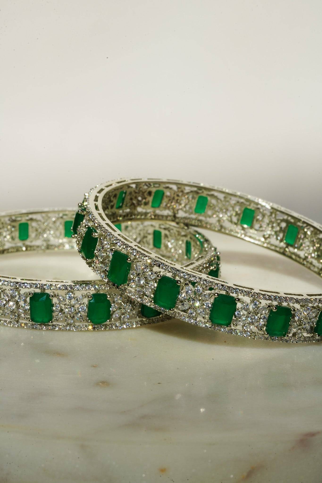 Ishani - Rhodium Plated & Green AD Bangles (Set of 2) Bangles from Inaury